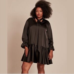 11 Honoré Black Satin Dress with Tie Neck